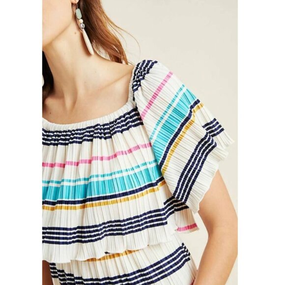 Anthropologie Boho Off the Shoulder Mini Dress XL White Striped A-Line Pleated - Picture 7 of 7